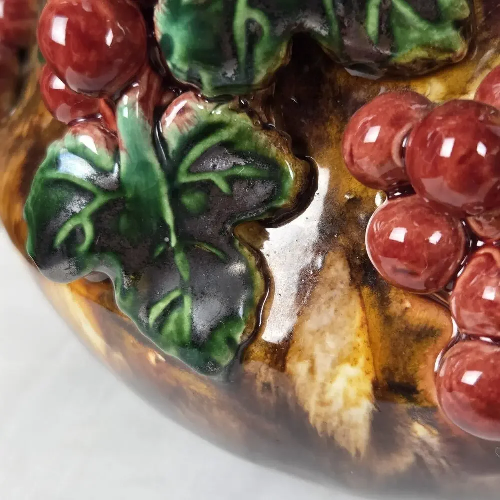 Vintage Austrian Majolica Biscuit Cookie Jar Ceramic 3D Grape Leaves Currants
